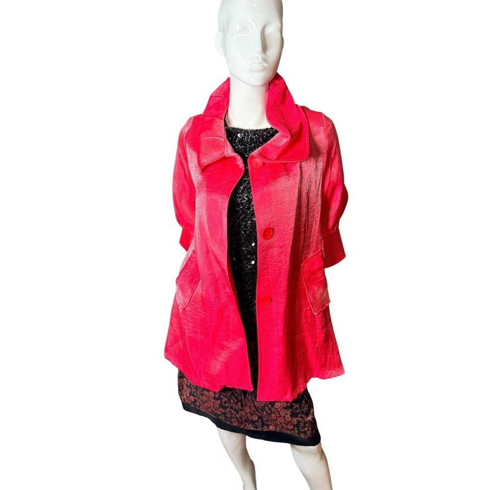 VIntage Damee Inc Red Shimmer Swing Coat Oversized Collar 3/4 Sleeve Size S